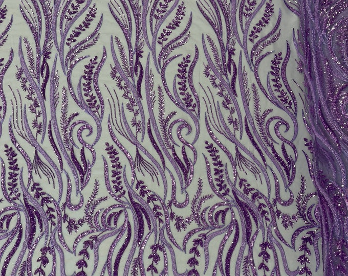 Lilac Beaded Fabric by the yard, Embroidered With Beaded Sequin on a Mesh, Floral Bridal Lace Fabric (Pick a size )