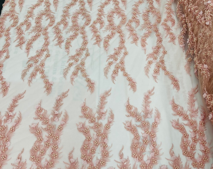 Pink Beaded Fabric - Embroidered Flower Beaded Fabric Wedding Bridal Sold By Yard