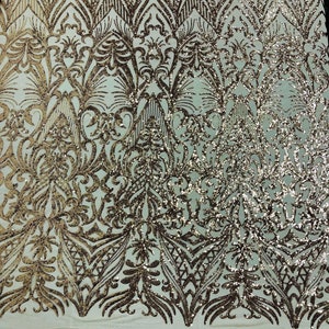 Rose Gold Sequin Fabric - by the yard - Damask Design on a 4 Way Stretch Shine Sequins Fabric Mesh-Prom-Gown