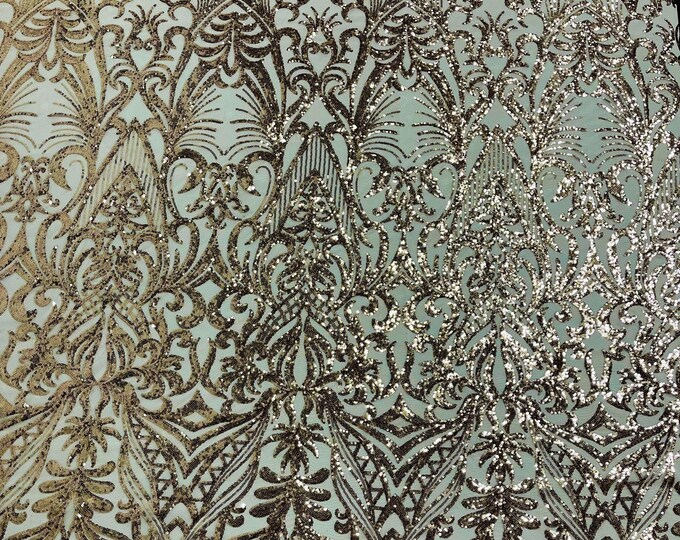 Rose Gold Sequin Fabric - by the yard - Damask Design on a 4 Way Stretch Shine Sequins Fabric Mesh-Prom-Gown