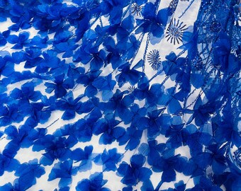 Royal Blue Beaded Fabric 3D Floral Butterfly Fabric By The Yard, Luxury 3D Butterfly Design Beads and Sequins Embroidered on a Mesh Lace
