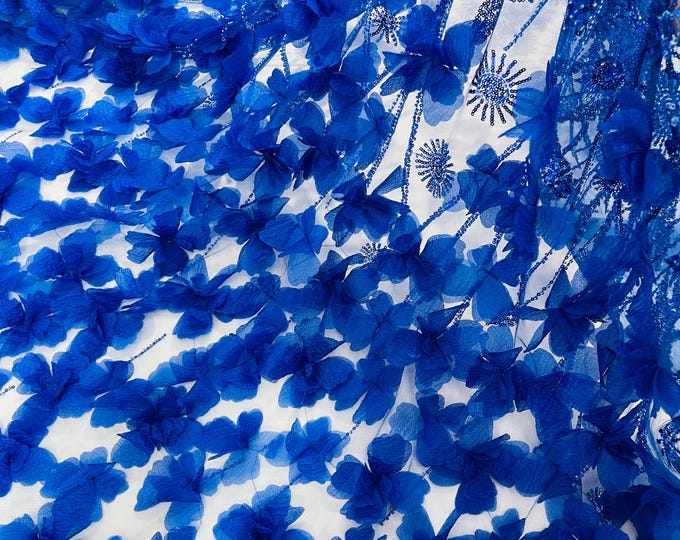 Royal Blue Beaded Fabric 3D Floral Butterfly Fabric By The Yard, Luxury 3D Butterfly Design Beads and Sequins Embroidered on a Mesh Lace