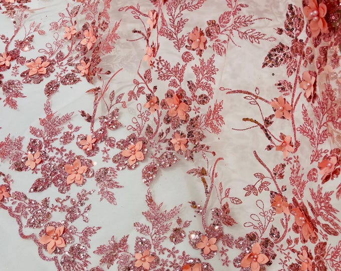 Dusty Pink 3D Flower Sequin Fabric, Glitter Floral Tulle Lace, Wedding Dress, Quinceañera