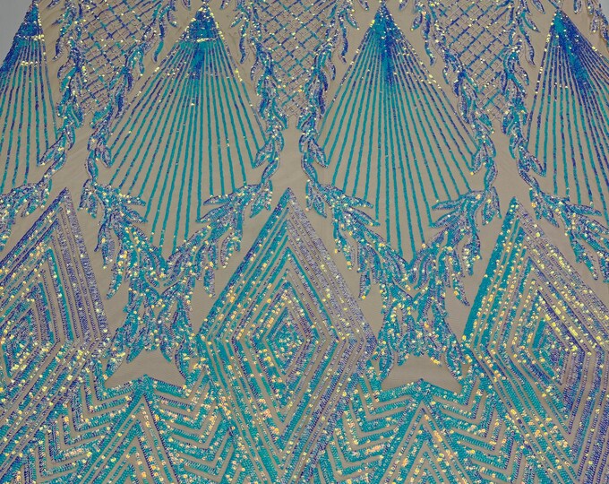 Iridescent Aqua Sequins on Nude Mesh - 4 Way Stretch Geometric Diamond Design on Mesh Fabric for Prom Gala Gown By The Yard