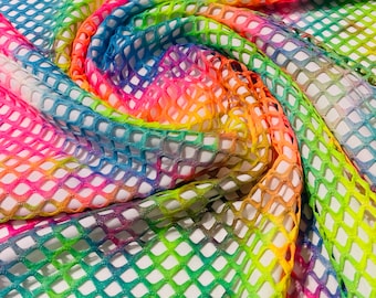 Rainbow Tie Dye Fishnet Fabric: Silver Glitter Diamond Mesh, 4-Way Stretch