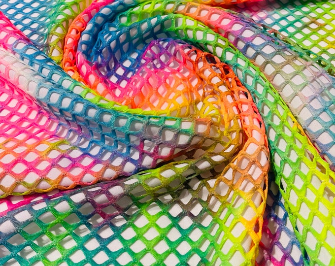 Rainbow 4 Way Stretch Fishnet Diamond Tie Dye W/Silver Glitters 58/60" Wide, Fishnet Tie Dye Diamond, Nylon Spandex Fabric Multi Color