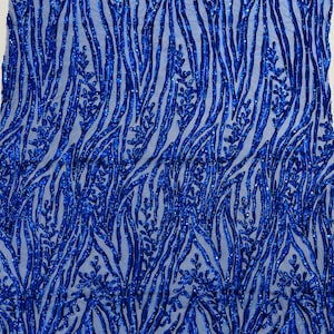 Royal Blue Sequin Fabric 4 Way Stretch Fashion Design Sequins on Spandex Mesh Prom Gala Gown Fabric By The Yard