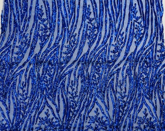 Royal Blue Sequin Fabric 4 Way Stretch Fashion Design Sequins on Spandex Mesh Prom Gala Gown Fabric By The Yard