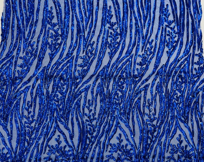 Royal Blue Sequin Fabric 4 Way Stretch Fashion Design Sequins on Spandex Mesh Prom Gala Gown Fabric By The Yard