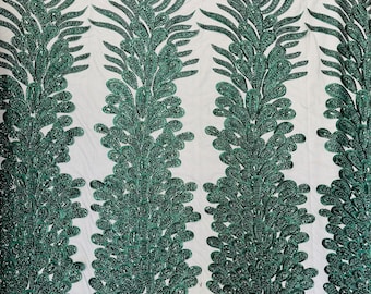 Hunter Green Beaded Peacock Feathers 3D Vegas Design with Embroidered Sequins and Beads Mesh Lace Fabric for Prom Dress (Choose The Panels)