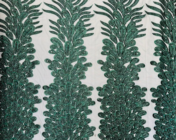 Hunter Green Beaded Peacock Feathers 3D Vegas Design with Embroidered Sequins and Beads Mesh Lace Fabric for Prom Dress (Choose The Panels)