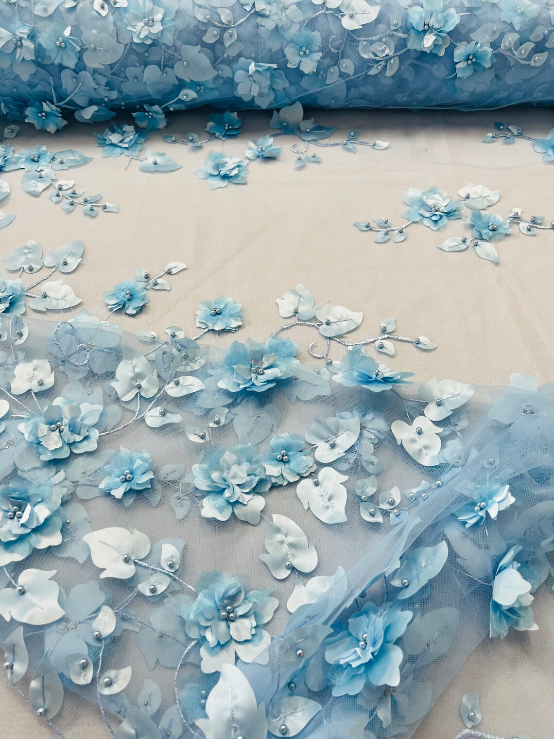 Baby Blue 3D Floral Embroidered Lace With Pearls - Prom Dress Fabric by ...