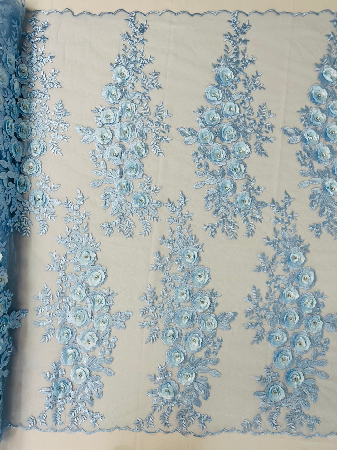 Baby Blue 3D Floral Lace Fabric by the Yard, Flower Design Embroider ...