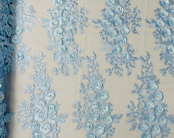 Baby Blue 3D Floral Lace Fabric by the yard, Flower Design Embroider With Rhinestones On a Mesh, Prom-Dresses-Nightgown-Apparel-Fashion