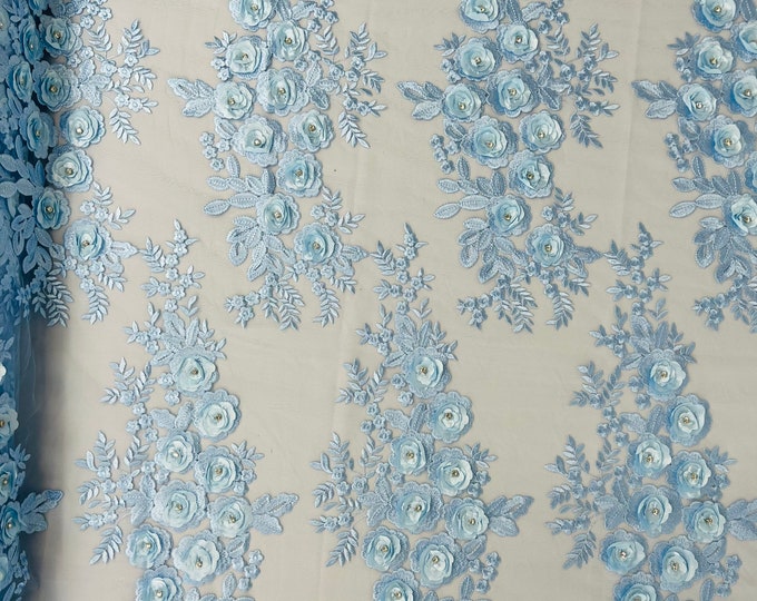 Baby Blue 3D Floral Lace Fabric by the yard, Flower Design Embroider With Rhinestones On a Mesh, Prom-Dresses-Nightgown-Apparel-Fashion