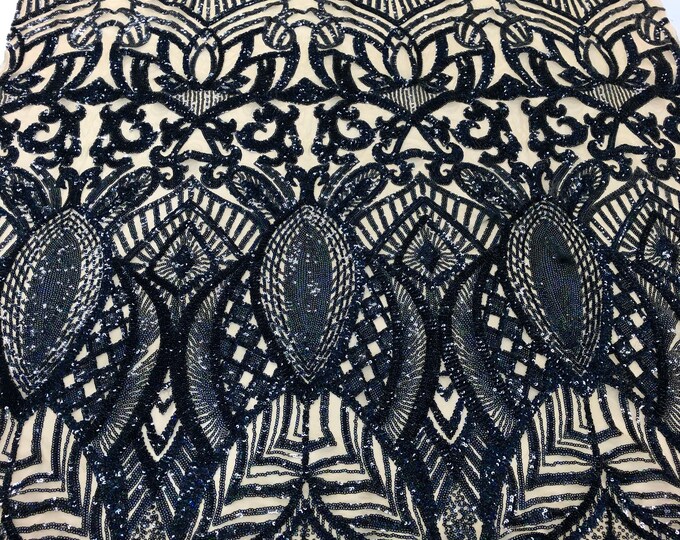 Navy Sequins Lace Fabric On Nude Mesh, Royalty Design Embroidered On 4way Stretch Sequin By Yard -Prom-Gown ( Choose The Size )