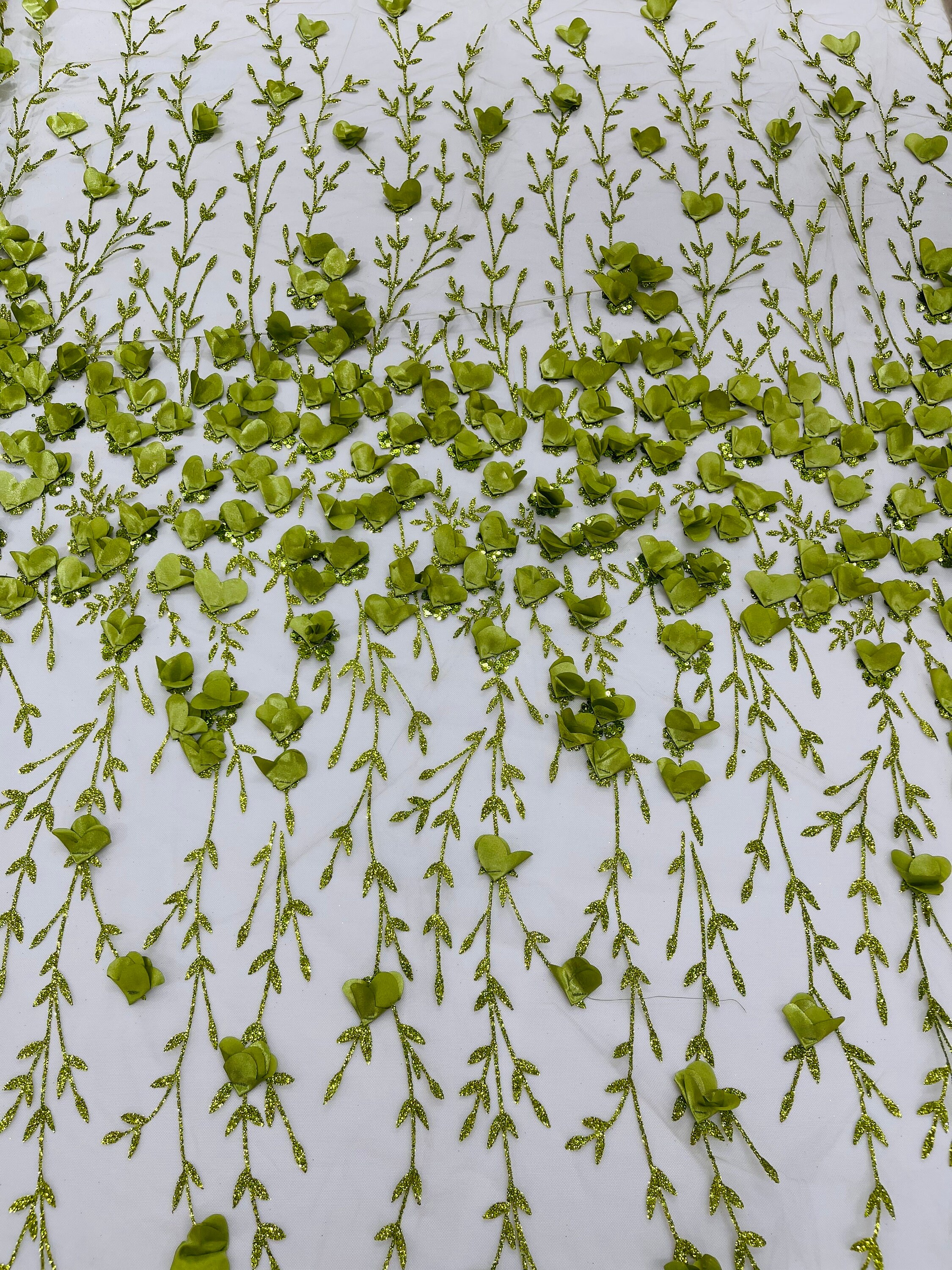 Olive 3D Flower Glitter Sequin Fabric by the Yard, Olive 3D Floral ...