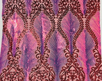 Iridescent Rainbow Sequin Fabric: Burgundy Damask Design, 4-Way Stretch