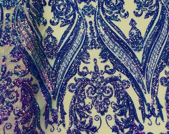 Iridescent Lavender Damask Sequins Fabric - 4 Way Stretch Spandex Mesh