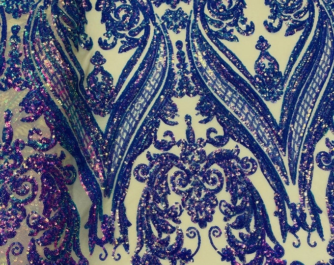 Iridescent Lavander Sequins - 4 Way Stretch Fancy Big Damask Design Sequins on Spandex Mesh Prom Gala Gown Fabric By The Yard