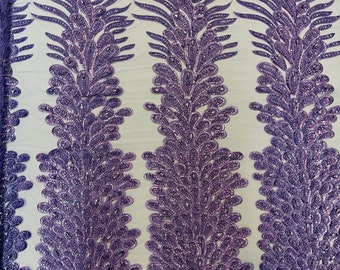 Lavender Beaded Peacock Feathers - 3D Vegas Design with Embroidered Sequins and Beads On a Mesh Lace Fabric for Prom Dress ( By Panel )