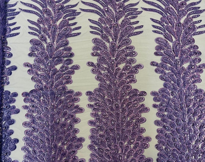 Lavender Beaded Peacock Feathers - 3D Vegas Design with Embroidered Sequins and Beads On a Mesh Lace Fabric for Prom Dress ( By Panel )