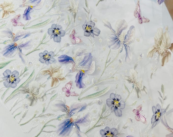 Baby Blue Magnolia 3D Flower Beaded Sequin Fabric: Embroidered Butterfly Mesh Bridal Wedding Appliqué
