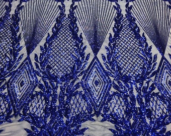 Royal Blue Sequin Fabric: Geometric Diamond Design, 4-Way Stretch Mesh, Prom Gown Fabric