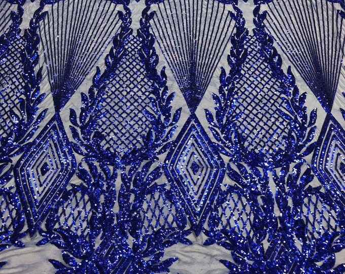 Royal Blue Sequins  - 4 Way Stretch Geometric Diamond Design on Mesh Fabric for Prom Gala Gown By The Yard