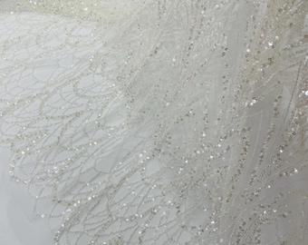 Ivory Fashion Design Beads and Sequins, Luxury Beaded Fabric Embroidered on a Mesh Lace,Wedding,Bridal,Dress Sold By The Yard