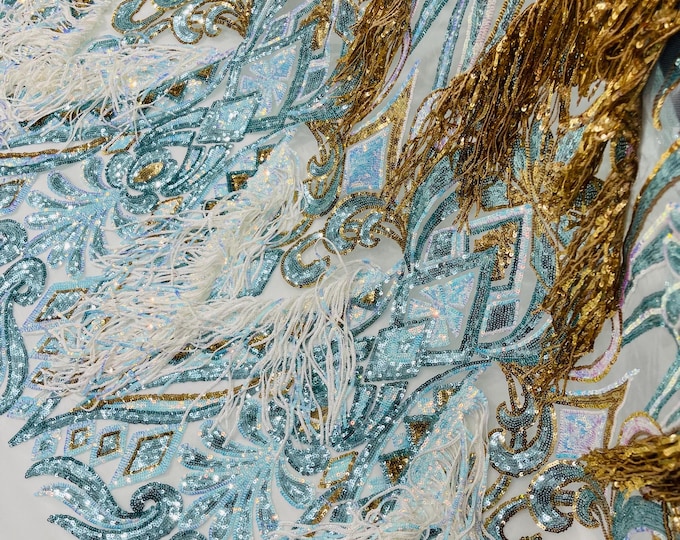 Aqua Iridescent Multi Color Gold Fringe Sequins on a Mesh 2 Way Stretch Fancy Design