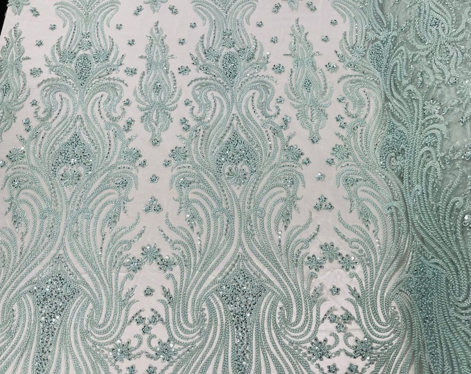Mint Floral Design - by the yard - Beaded Fabric, Embroidered With Pearls and Beads on Mesh Lace Fabric