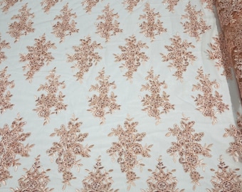 Blush Peach Floral Lace Fabric: Embroidered Sequins Mesh, Bridal Gown