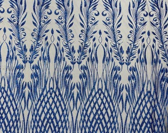 Royal Blue Glitter Fabric on a Mesh By The Yard | Glitters Damask Fashion Design, Glitter Sequin on Mesh Fabric, Sparkle Glitter Prom-Dress