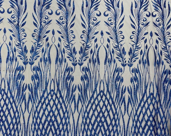 Royal Blue Glitter Fabric on a Mesh By The Yard | Glitters Damask Fashion Design, Glitter Sequin on Mesh Fabric, Sparkle Glitter Prom-Dress