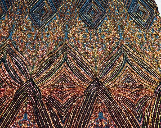 Iridescent Orange 4 Way Stretch Geometric Sequins - Nova Design Triangular Fabric for Prom Gala Gown Sold By The Yard