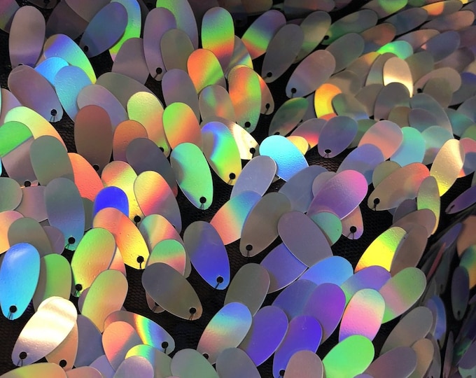 Iridescent Hologram Oval Tear Drop Sequins Fabric - Iridescent Silver - Mermaid Fabrics Dresses-Nightgowns-Prom Gown (Pick a Size)