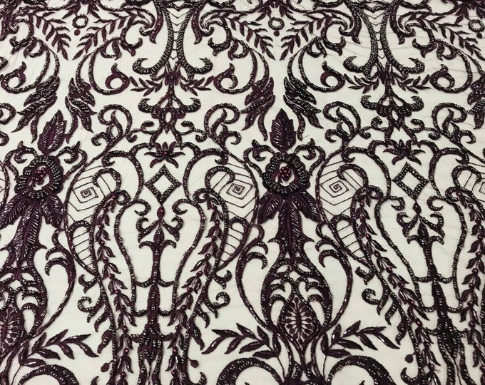 Glam Damask Beaded Fabric, Plum - Embroidered Fashion Fabric with Beads Wedding Bridal Sold By Yard