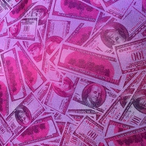 Metallic Pink Money Print Fabric: 100 Dollar Bills Stretch Spandex