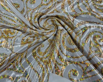 Hologram Metallic Nylon Spandex Fabric: Silver Gold 4-Way Stretch