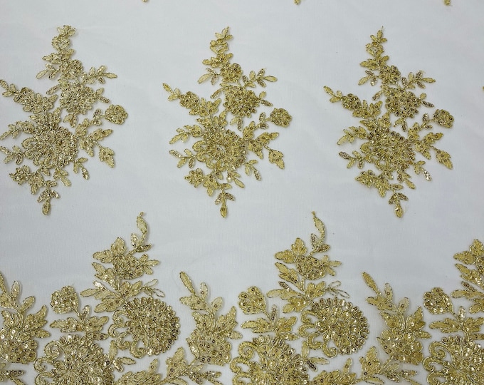 Metallic Champagne Lace Fabric | Flower Design Embroidered on Mesh Lace Fabric, Floral Bridal Lace Wedding Dress by the Yard (Pick a Size)