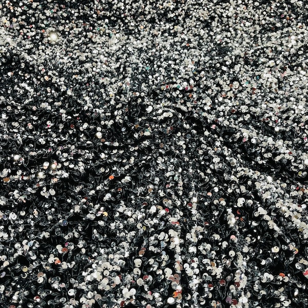 Silver Sequin Fabric on Black Stretch Velvet - by the yard - all Over 5mm Sequins Velvet 2-way Stretch 58/60”