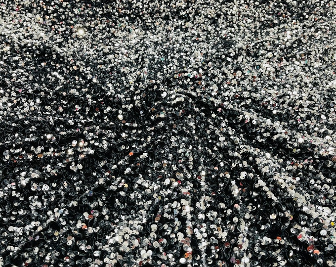 Silver Sequin Fabric on Black Stretch Velvet - by the yard - all Over 5mm Sequins Velvet 2-way Stretch 58/60”