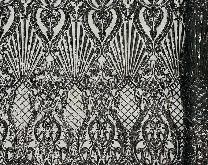 Black Sequin Fabric, Selena Damask Design on a 4 Way Stretch Sequin Lace Mesh - Prom Gala Gown Fabric By Yard