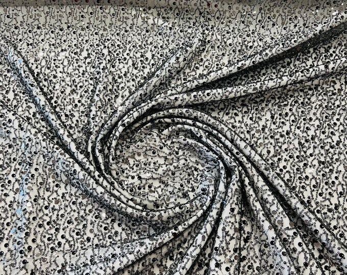 Black Embroidery Beaded Fabric By The Yard With Sequin Fabric, Sequin on Mesh Fabric, Handmade Lace, Beads on a Mesh