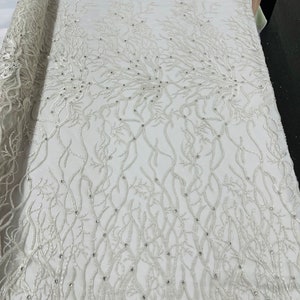 White Bridal Wedding Lace Beaded Fabric - by the yard - Root Design Hand Embroidered With Beads and Sequins on a Mesh