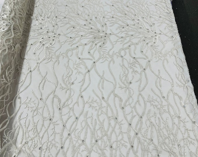 White Bridal Wedding Lace Beaded Fabric - by the yard - Root Design Hand Embroidered With Beads and Sequins on a Mesh