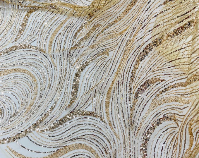 Champagne Beaded Lace Fabric: Embroidered Mesh, Bridal Wedding Dress - Fashion Beaded