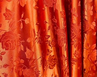 Orange Burnt Flower Brocade Jacquard Satin Fabric, Sold By The Yard Polyester Satin Floral Wide 58/60"  (Choose The Quantity)