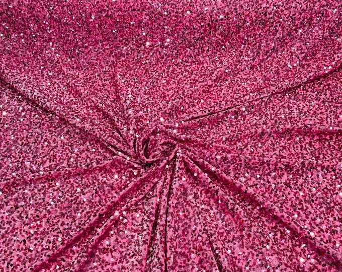 Pink Sequin Fabric on Stretch Velvet - by the yard - all Over 5mm Sequins Velvet 2-way Stretch 58/60”